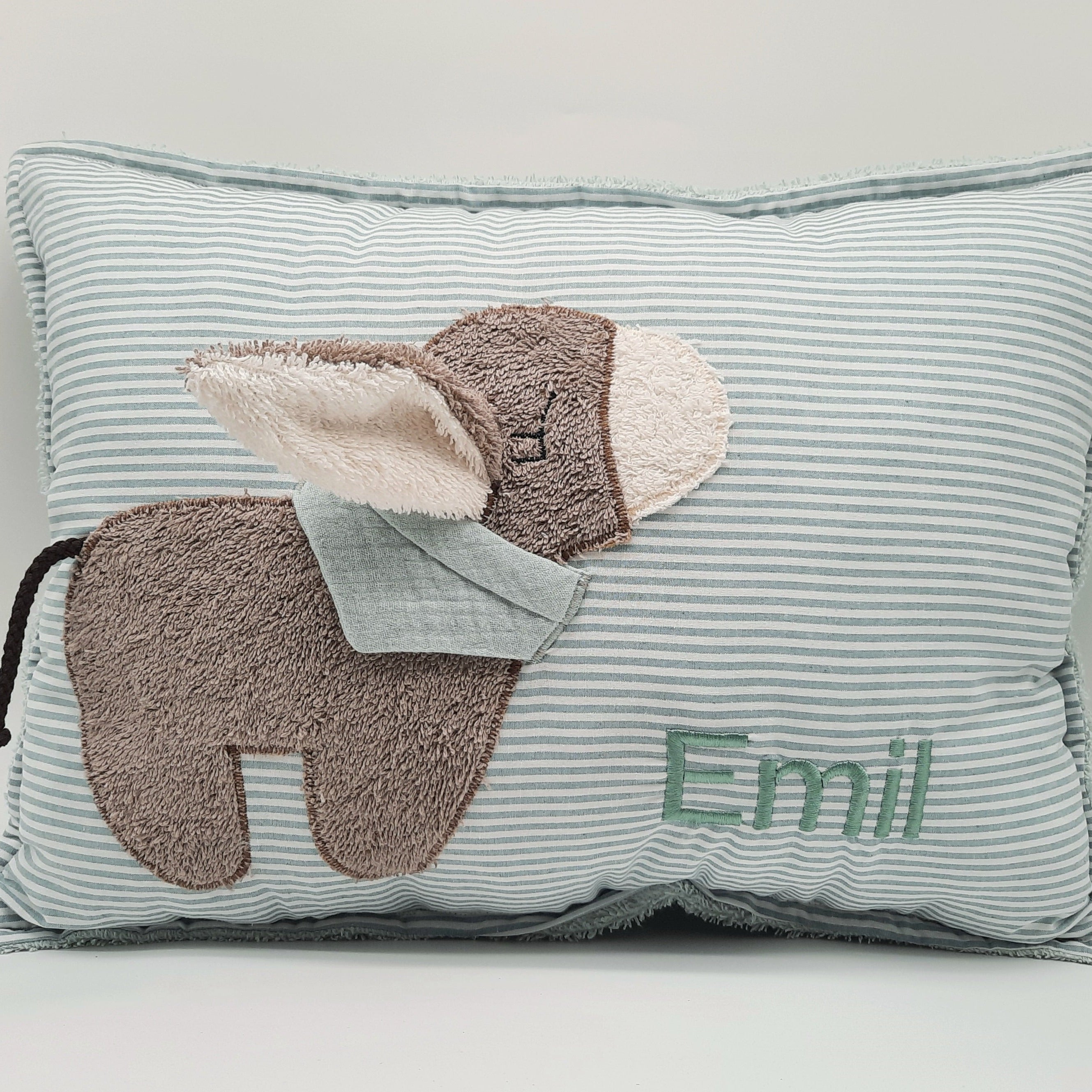 Kuschelkissen mit Namen altgrün gestreift Eselchen