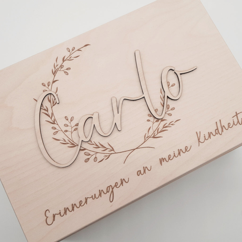 Personalisierte Erinnerungsbox Olivenkranz 3D Name und Spruch nach Wahl