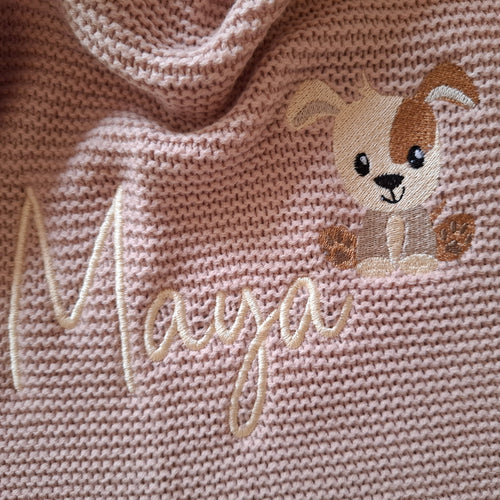 Babydecke Strick in Wunschfarbe mit kleinem Hund