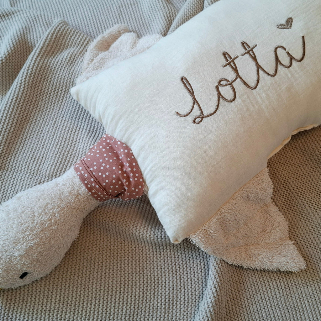 Kuschelkissen Kleine Gans mit Frottee und Musselin in taupe oder sand