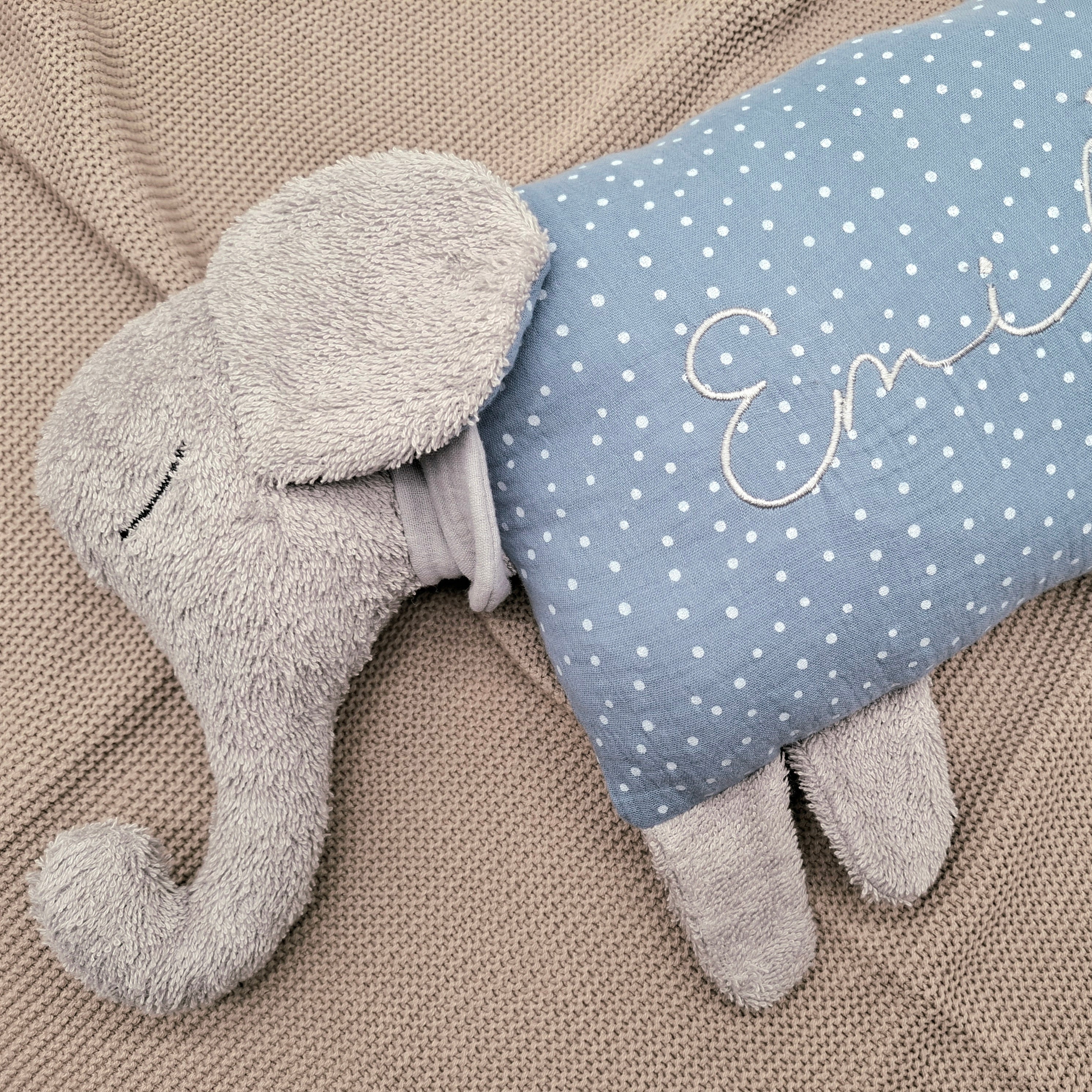 Kuschelkissen Kleiner Elefant mit Frottee und Musselin in Wunschfarbe