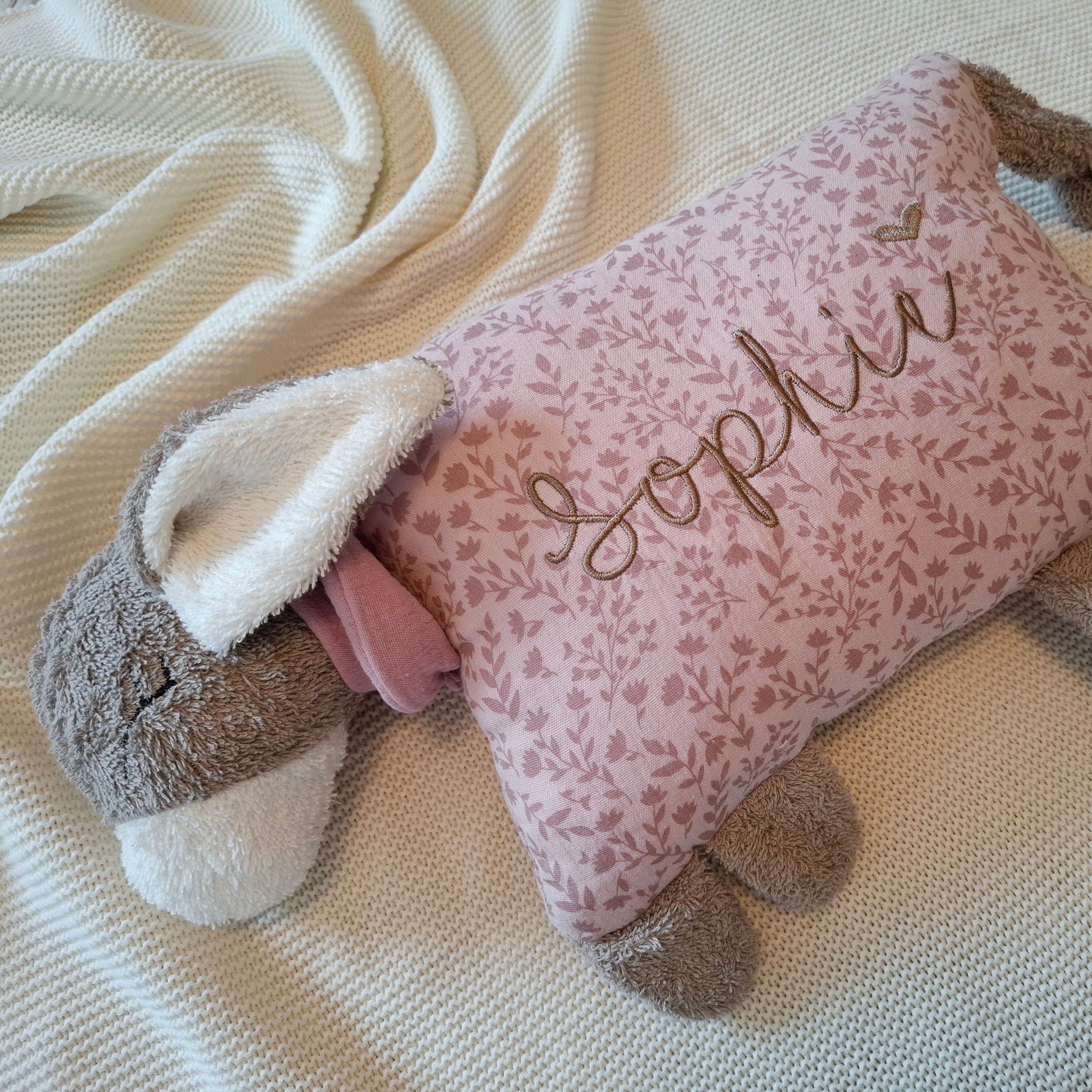 Kuschelkissen Eselchen mit Frottee und Musselin in Wunschfarbe
