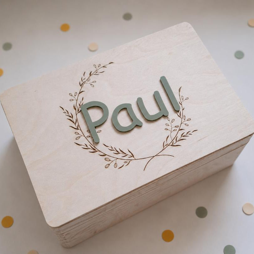 Personalisierte Erinnerungsbox Olivenkranz 3D Name aus Acryl