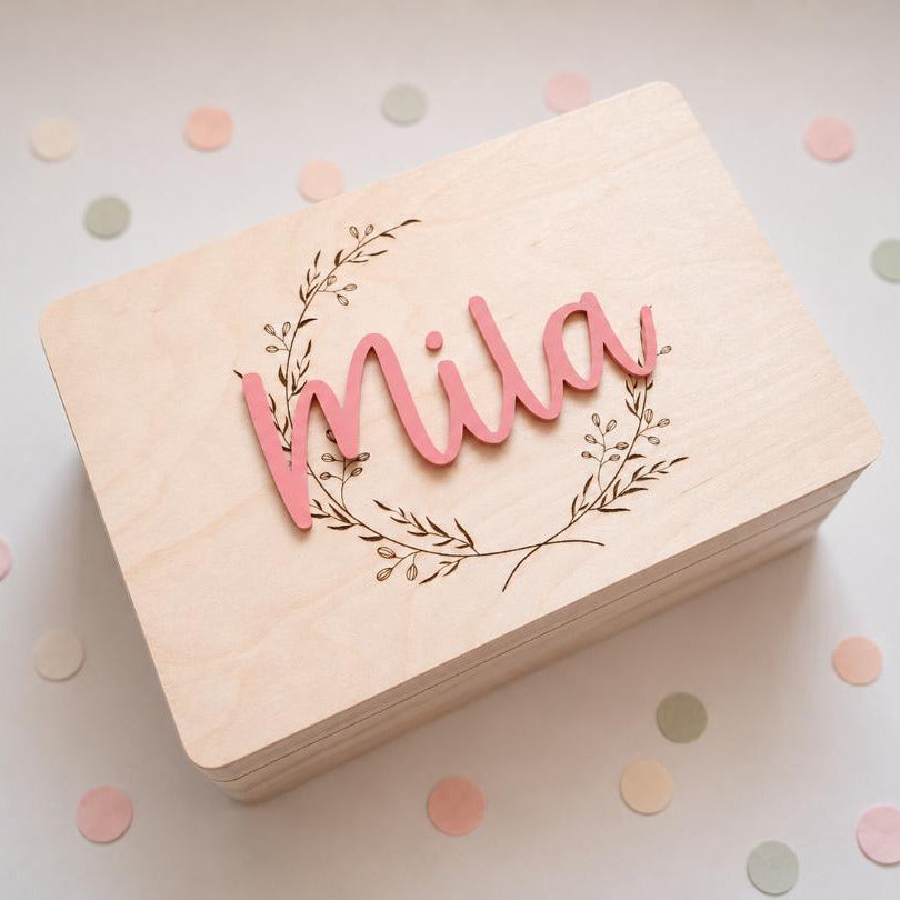 Personalisierte Erinnerungsbox Olivenkranz 3D Name aus Acryl