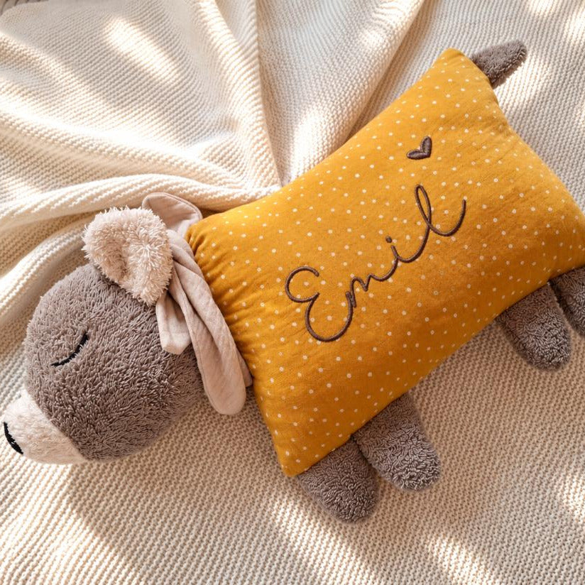 Kuschelkissen Bär personalisierbar mit Musselin in Wunschfarbe