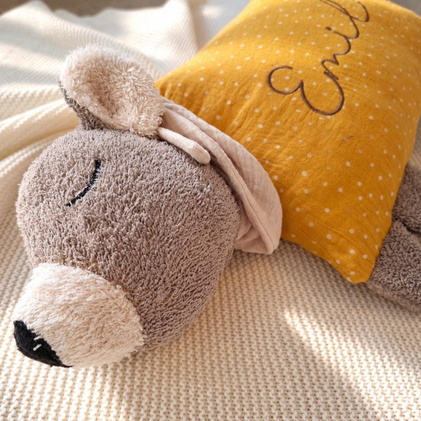 Kuschelkissen Bär personalisierbar mit Musselin in Wunschfarbe