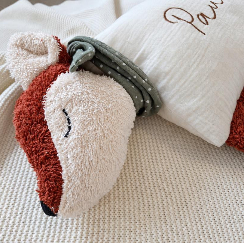 Kuschelkissen Fuchs personalisierbar mit Musselin in Wunschfarbe