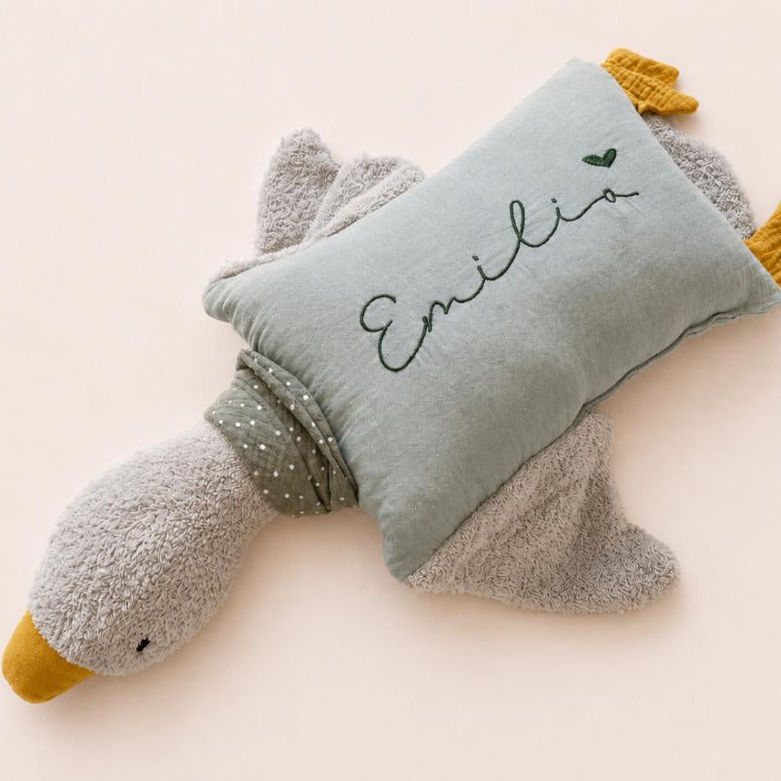 Kuschelkissen Kleine Gans mit Frottee in hellgrau und Musselin in Wunschfarbe