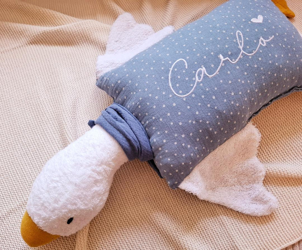 Kuschelkissen Kleine Gans mit Frottee in weiß mit Musselin in Wunschfarbe