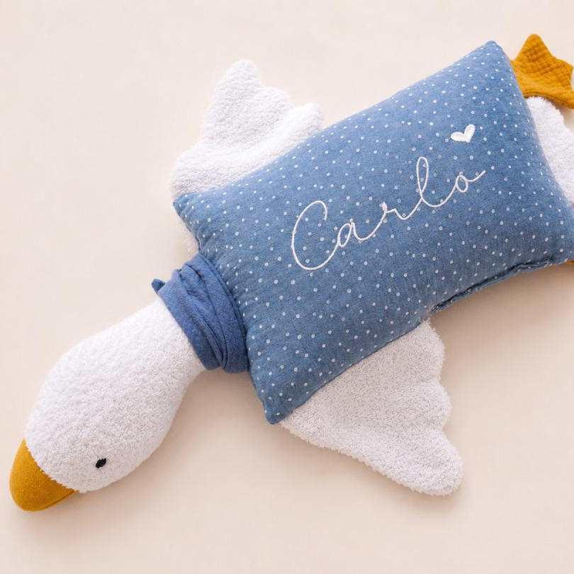 Kuschelkissen Kleine Gans mit Frottee in weiß mit Musselin in Wunschfarbe