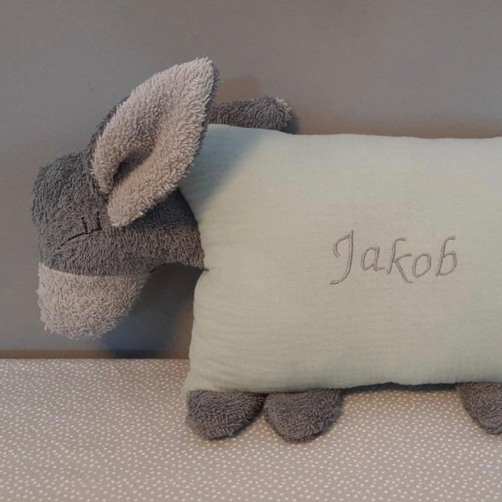 Kuschelkissen Eselchen mit Frottee und Musselin in Wunschfarbe
