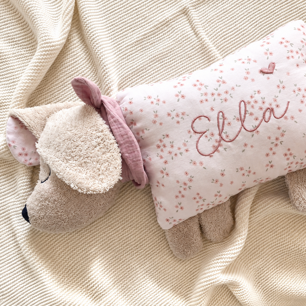 Kuschelkissen Kleiner Hund Schlappohr mit Halstuch in taupe  mit Musselin in Wunschfarbe