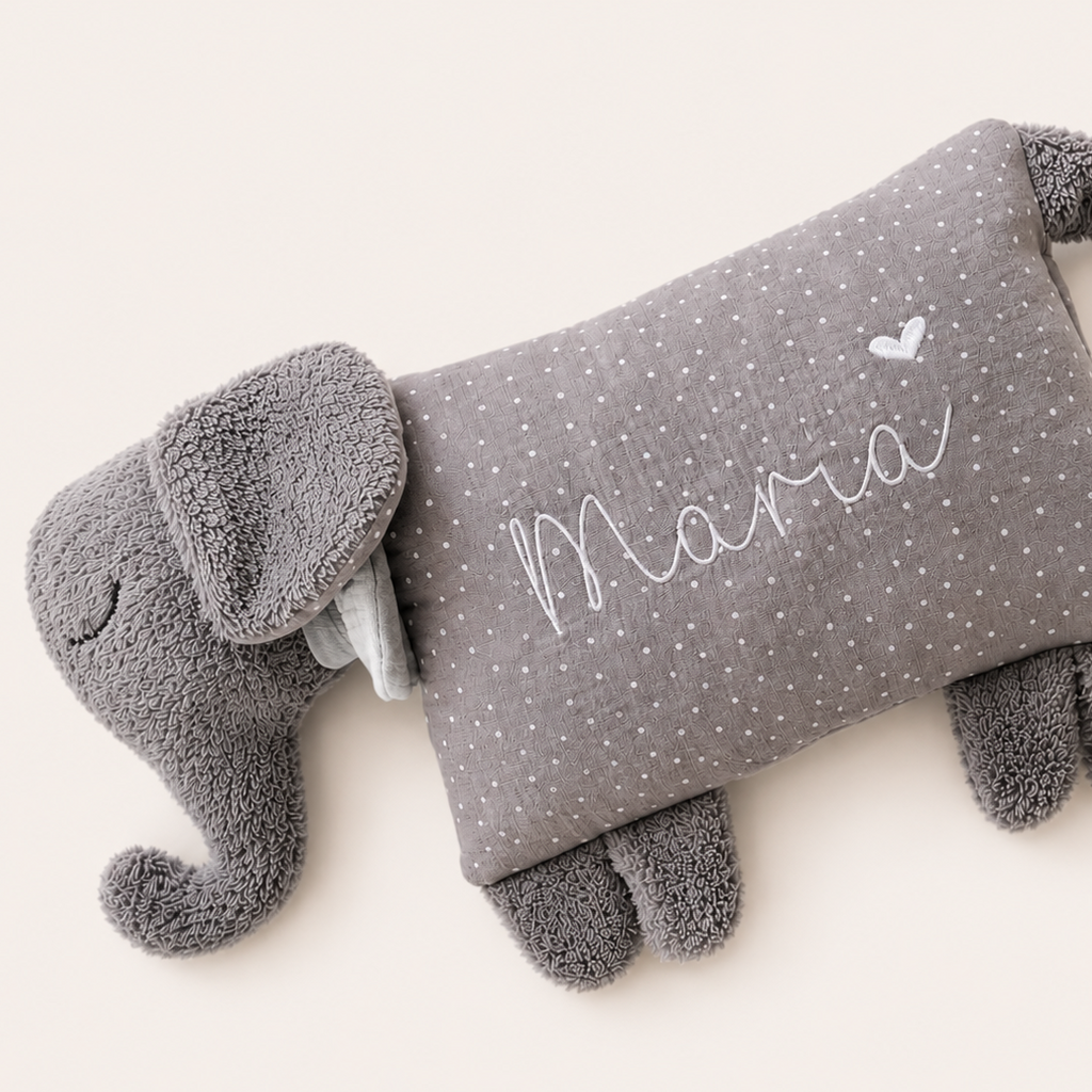 Kuschelkissen Kleiner Elefant mit Frottee und Musselin in Wunschfarbe