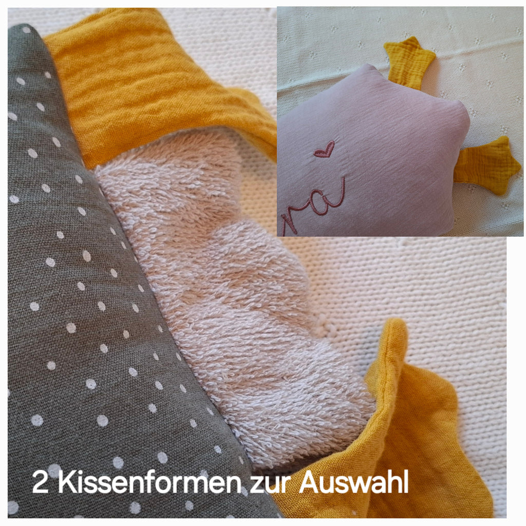 Kuschelkissen Kleine Gans mit Frottee in hellgrau und Musselin in Wunschfarbe