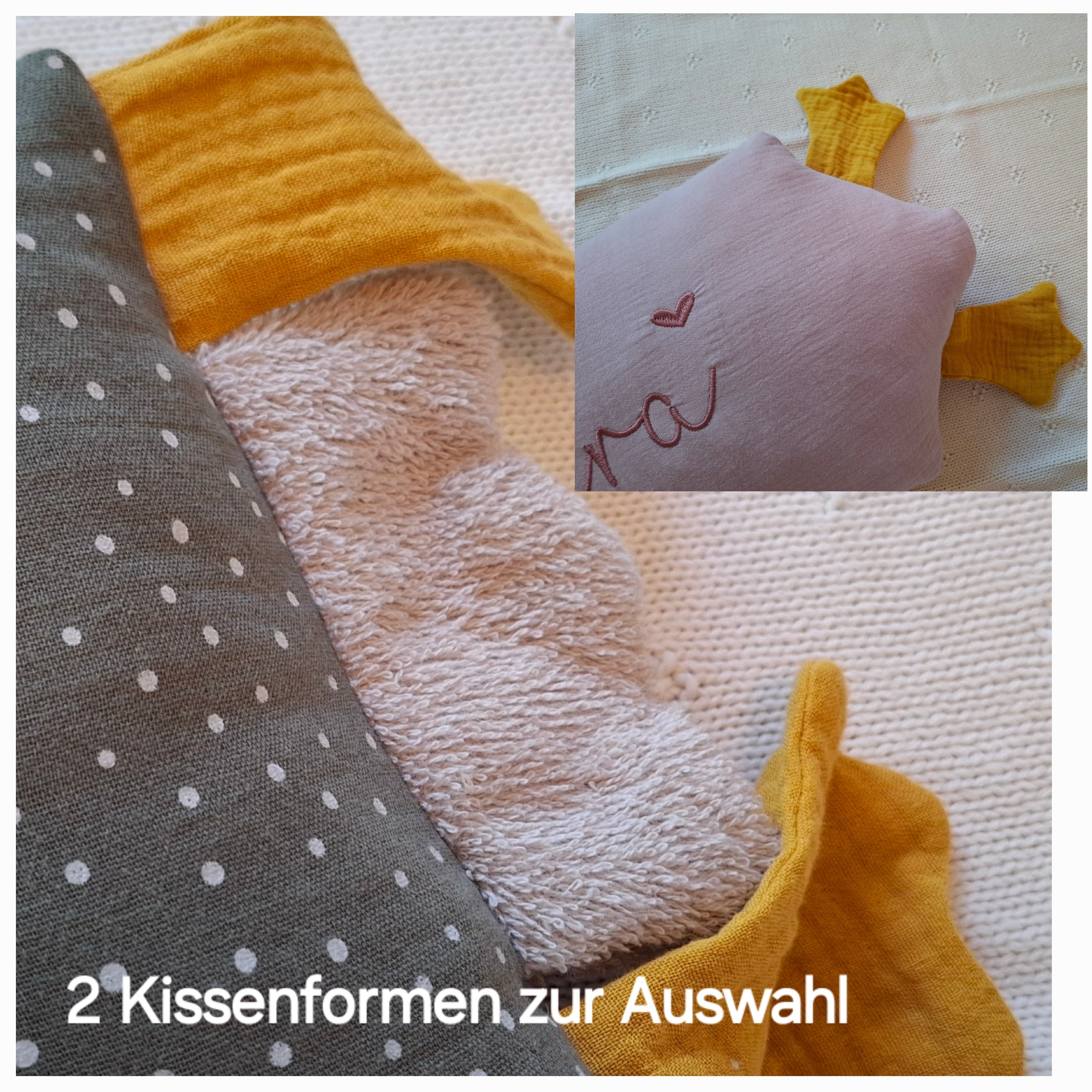 Kuschelkissen Kleine Gans mit Frottee in hellgrau und Musselin in Wunschfarbe