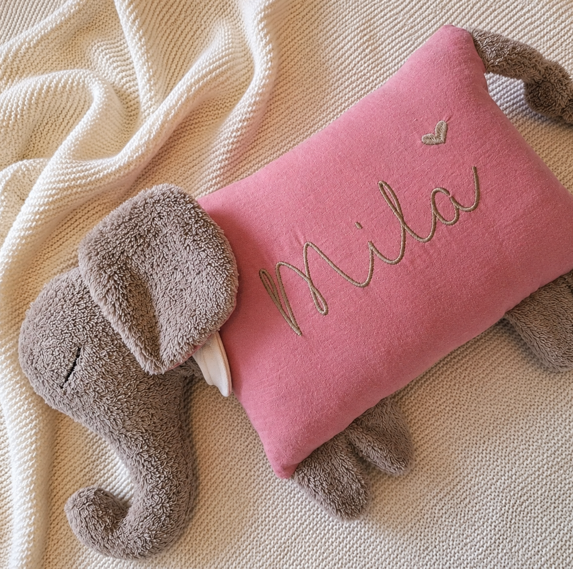 Kuschelkissen Kleiner Elefant mit Frottee und Musselin in Wunschfarbe