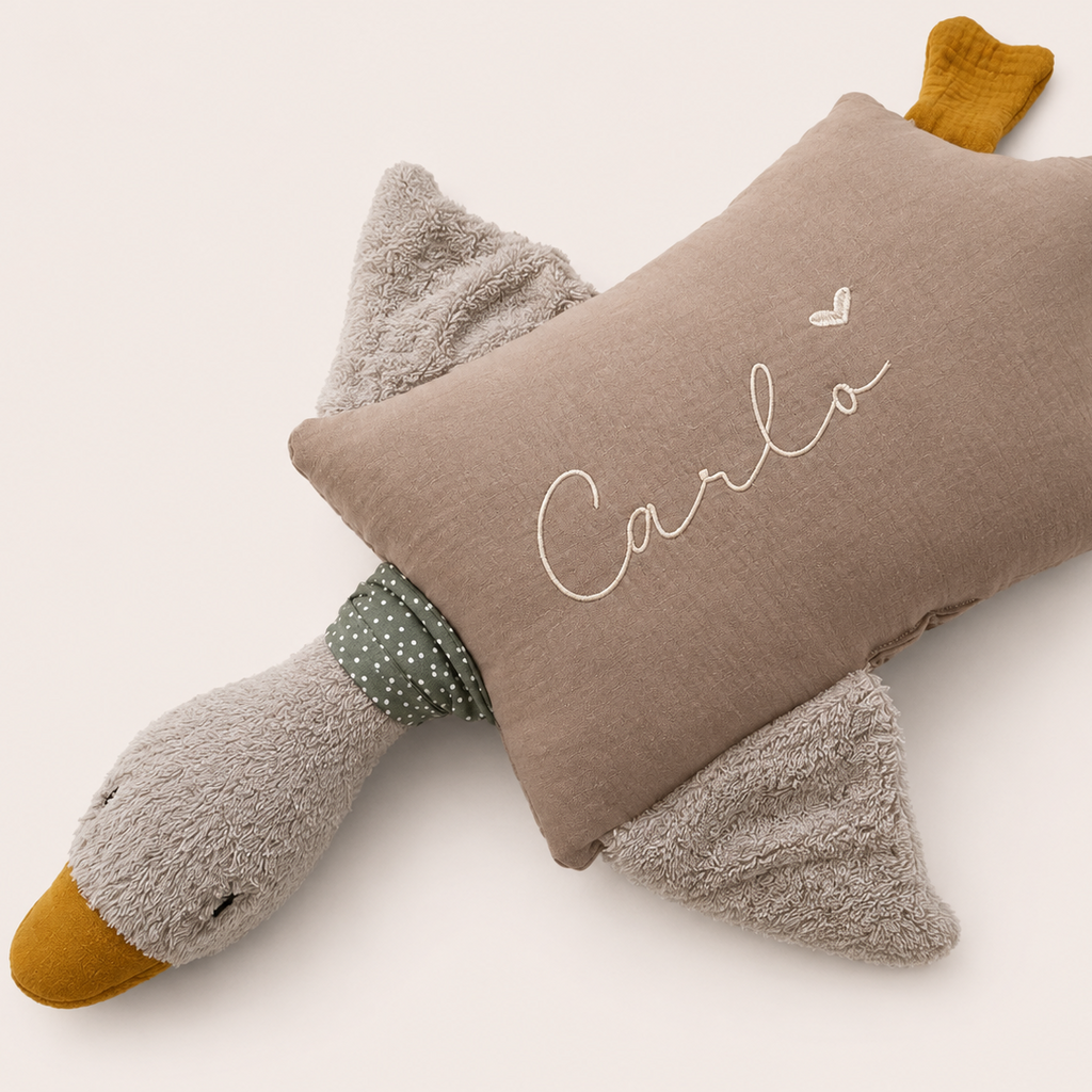 Kuschelkissen Kleine Gans mit Frottee und Musselin in taupe oder sand