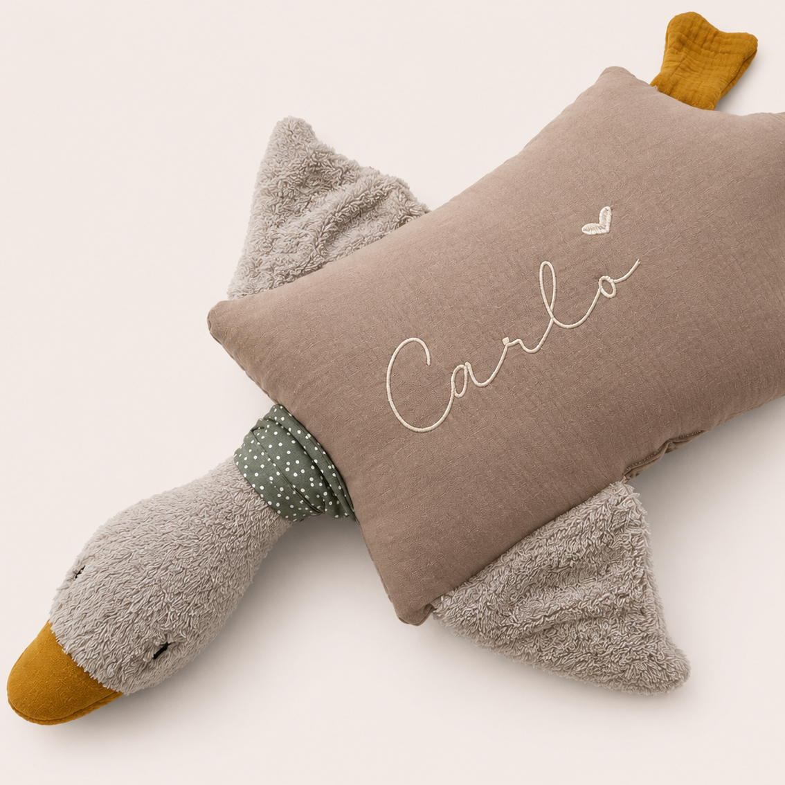Kuschelkissen Kleine Gans mit Frottee und Musselin in taupe oder sand
