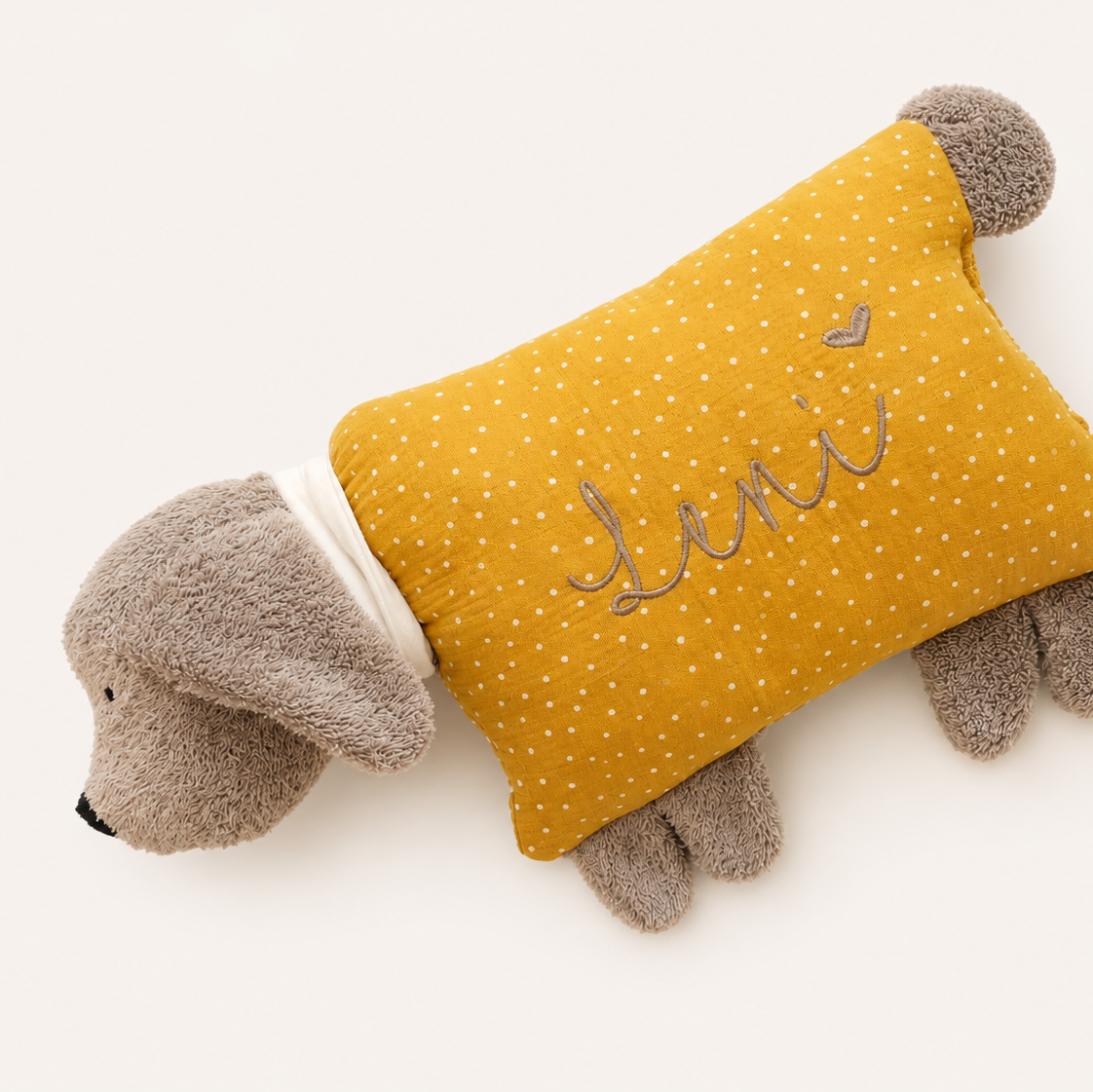 Kuschelkissen Kleiner Hund mit Halstuch in taupe dunkel mit Musselin in Wunschfarbe