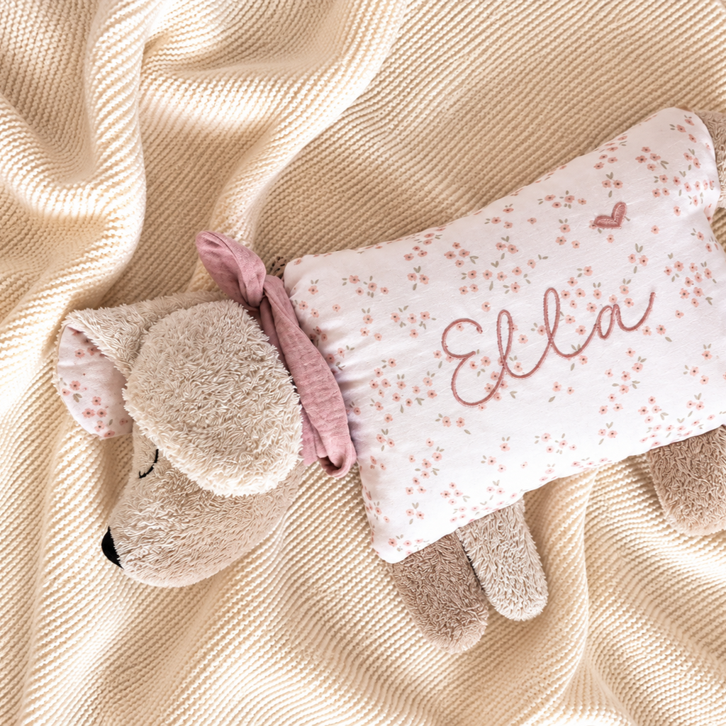 Kuschelkissen Kleiner Hund Schlappohr mit Halstuch in taupe  mit Musselin in Wunschfarbe